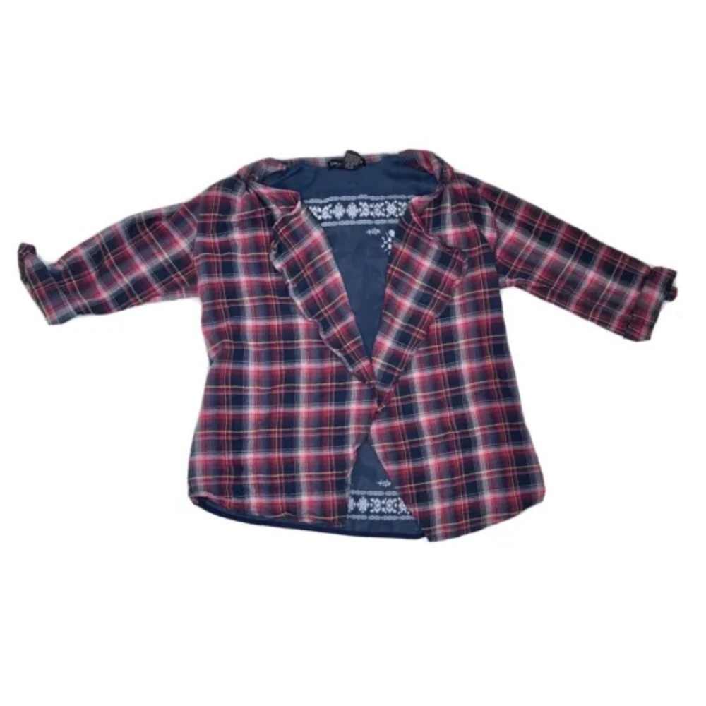 Boho Mixed Pattern Plaid Bandana Open Shirt Cardigan Size Small Roll Tab Sleeves